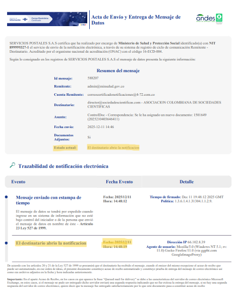 Toma de pantalla del acta de envio y entrega del mensaje