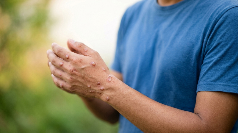 Primer plano de las manos de un hombre con lesiones cutáneas