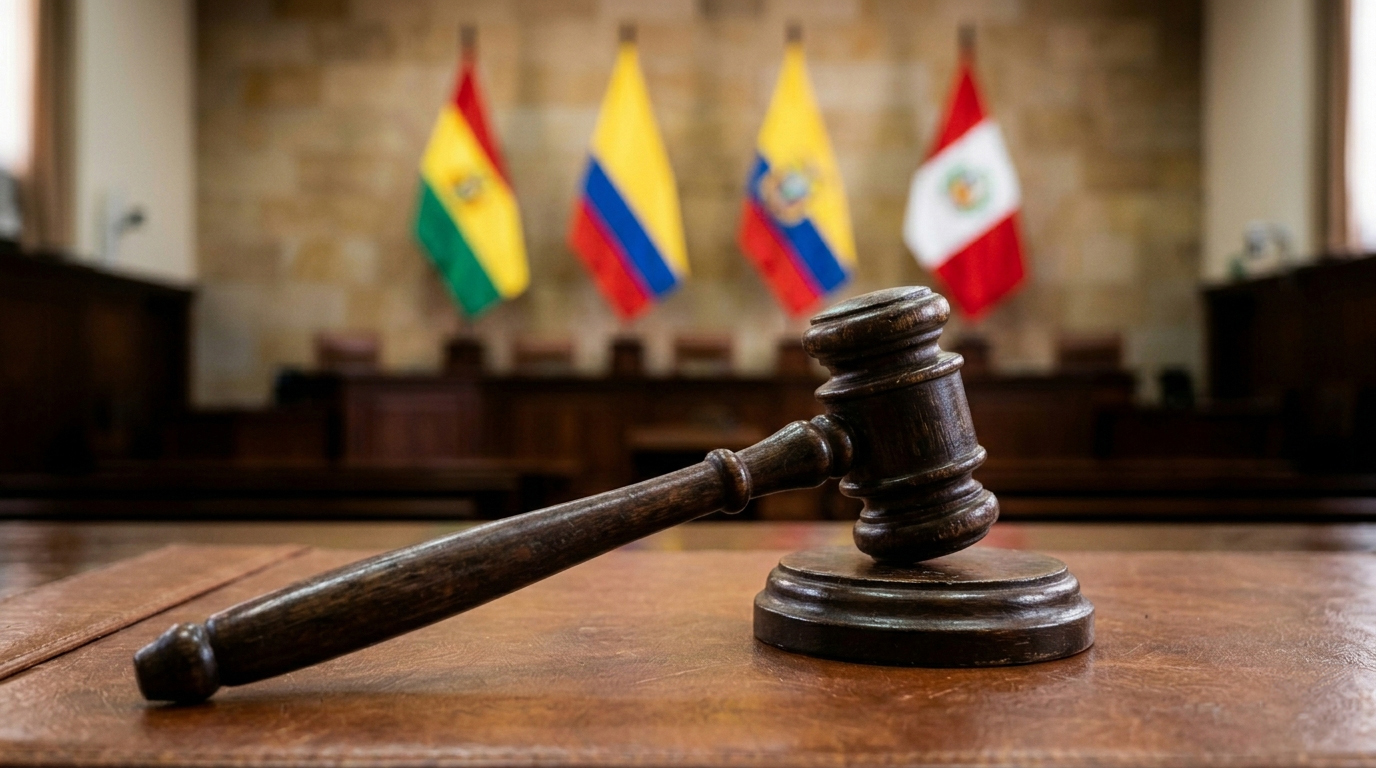 Mazo de tribunal con banderas de comunidad andina de fondo. Imagen decorativa