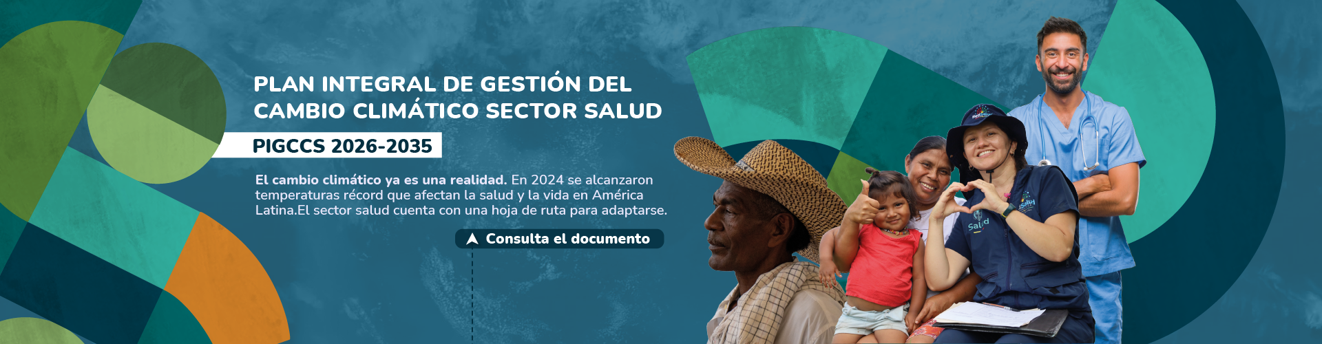 profesionales de la salud junto a personas que representan comunidad con la invitación a dar clic y conocer el documento Plan Gestion Cambio Climatico en Salud