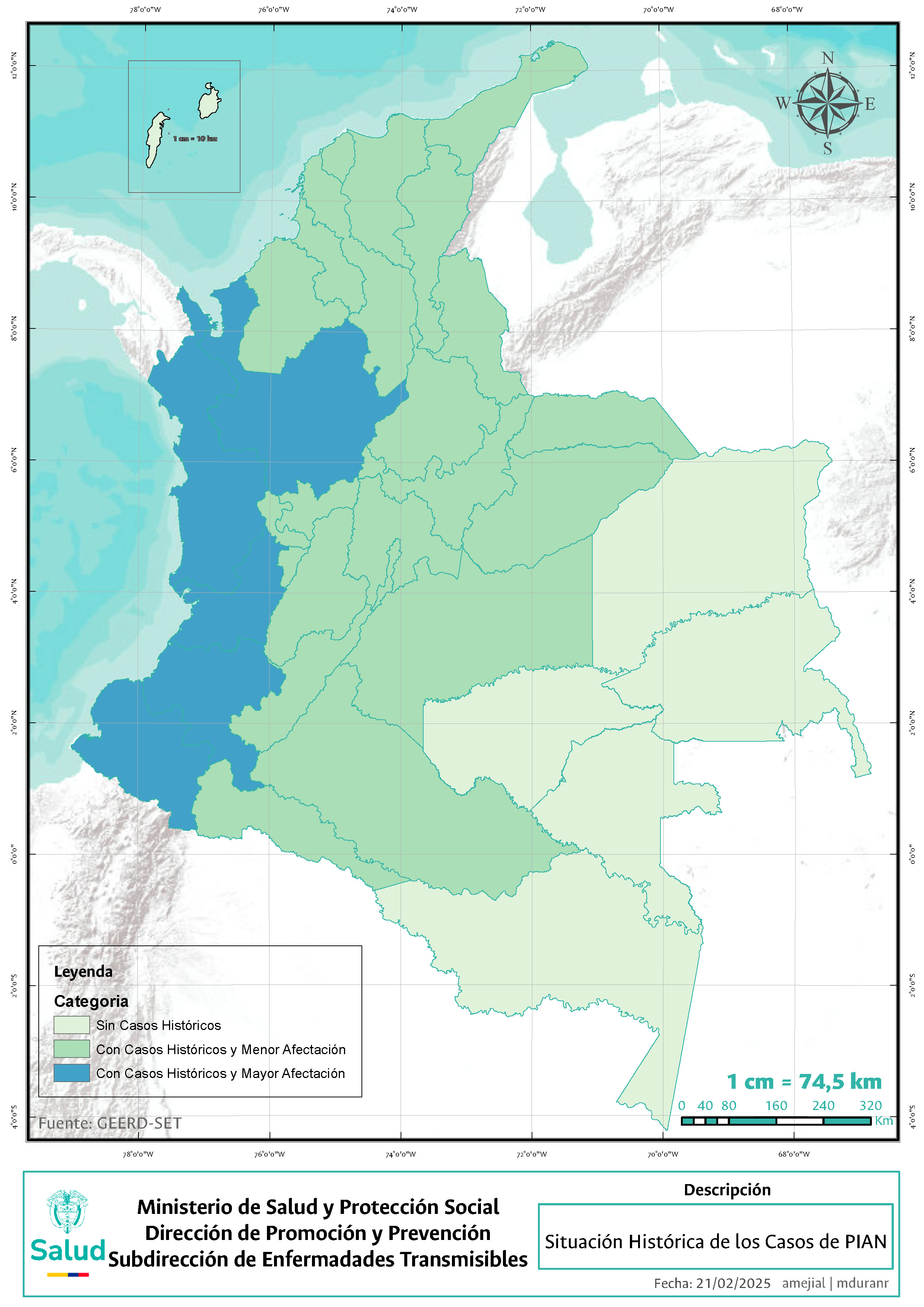 mapa de colombia con distribución de casos de Pian